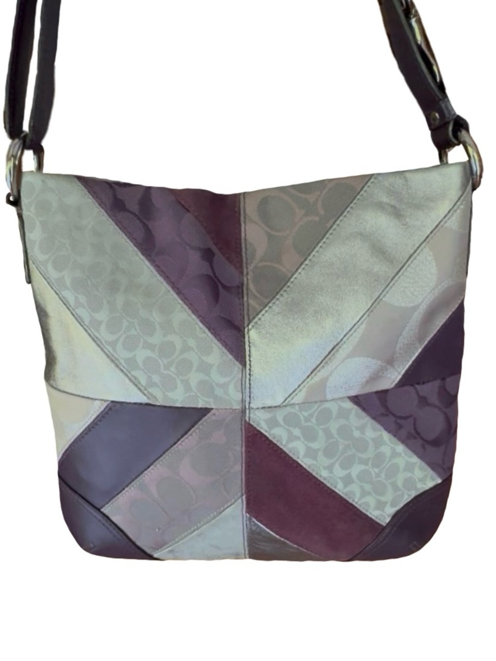 ๐ด Coach Vtg F17706 Gallery Signature Patchwork Purple Leather Suede Shoulder Bag - Picture 3 of 17
